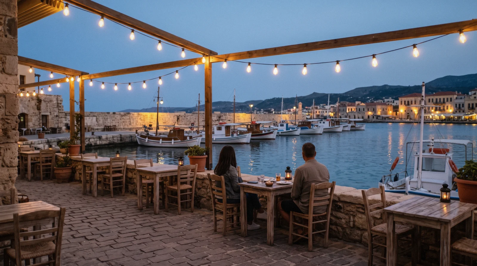 String lights over a harbour-front bar terrace in the evening, one scene in the range of crete nightlife from resort strips to quiet waterfronts