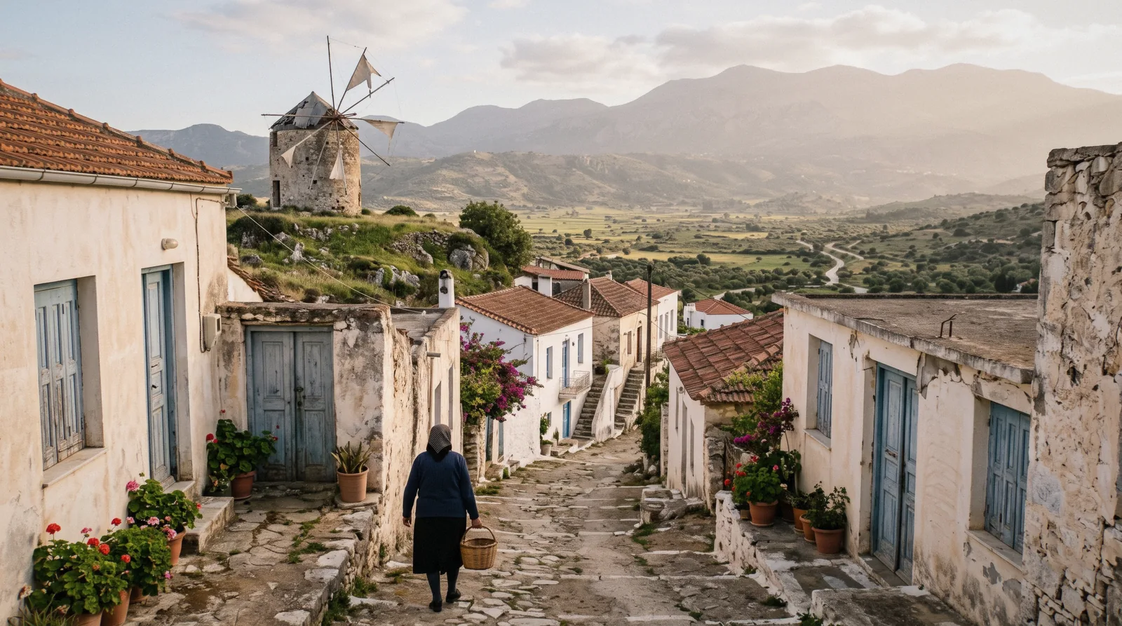 Whitewashed houses and a quiet lane in a small Crete village on the Lasithi Plateau, among the traditional villages Crete visitors ask about